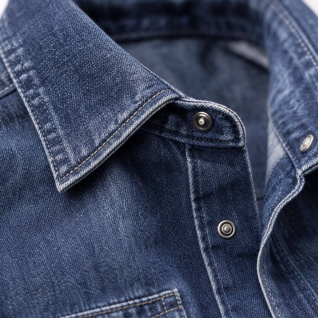 Man wearing Denim Blue loose fit denim shirt with sleeves rolled back