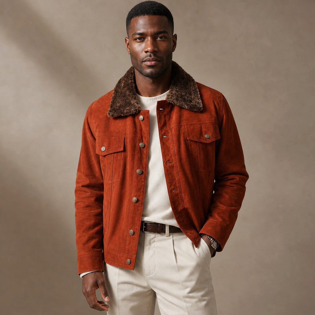 Ginger orange suede trucker jacket with shearling collar, front view