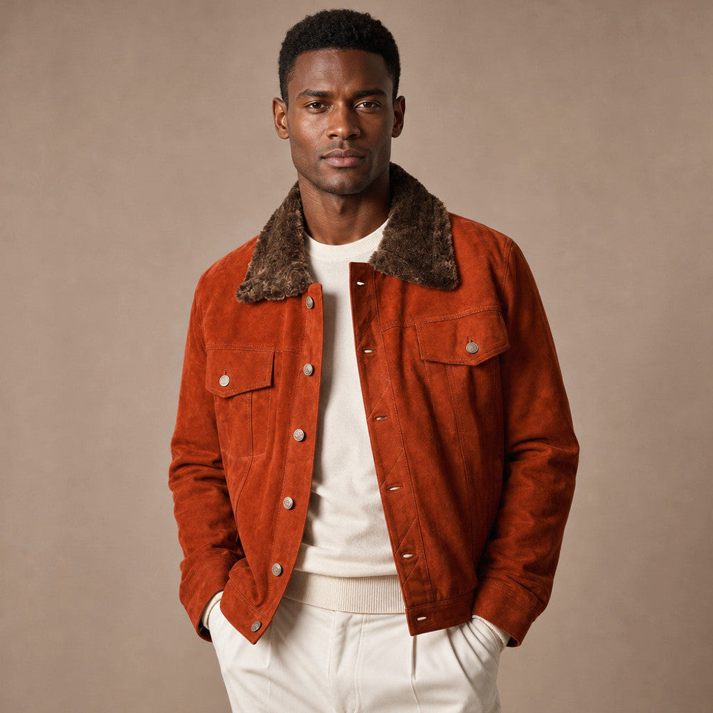 Man wearing ginger orange suede trucker jacket with collar turned up