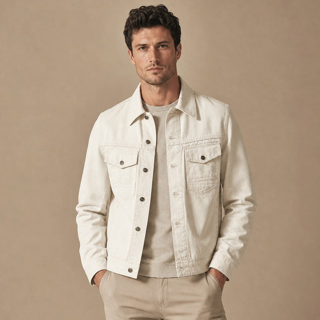Dark brown washed cotton canvas trucker jacket with twin flap chest pockets