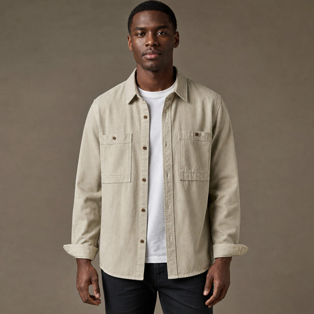 Sandstone washed cotton overshirt with twin flap chest pockets