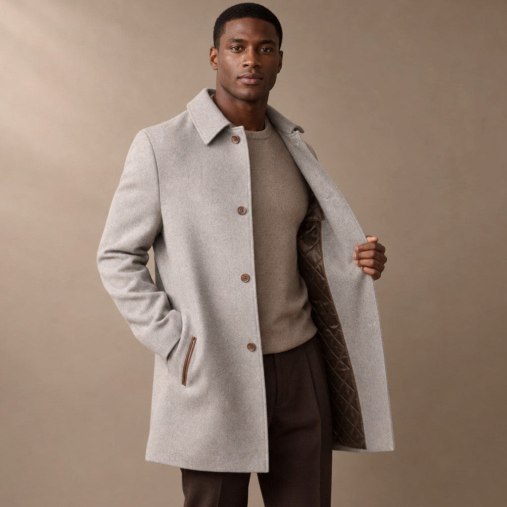 Grey wool car coat with leather-trimmed welt pockets, front view