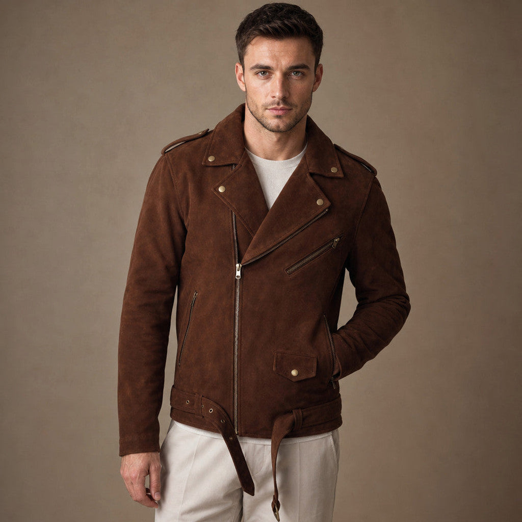 Brown suede biker jacket with asymmetric zip and belted waist