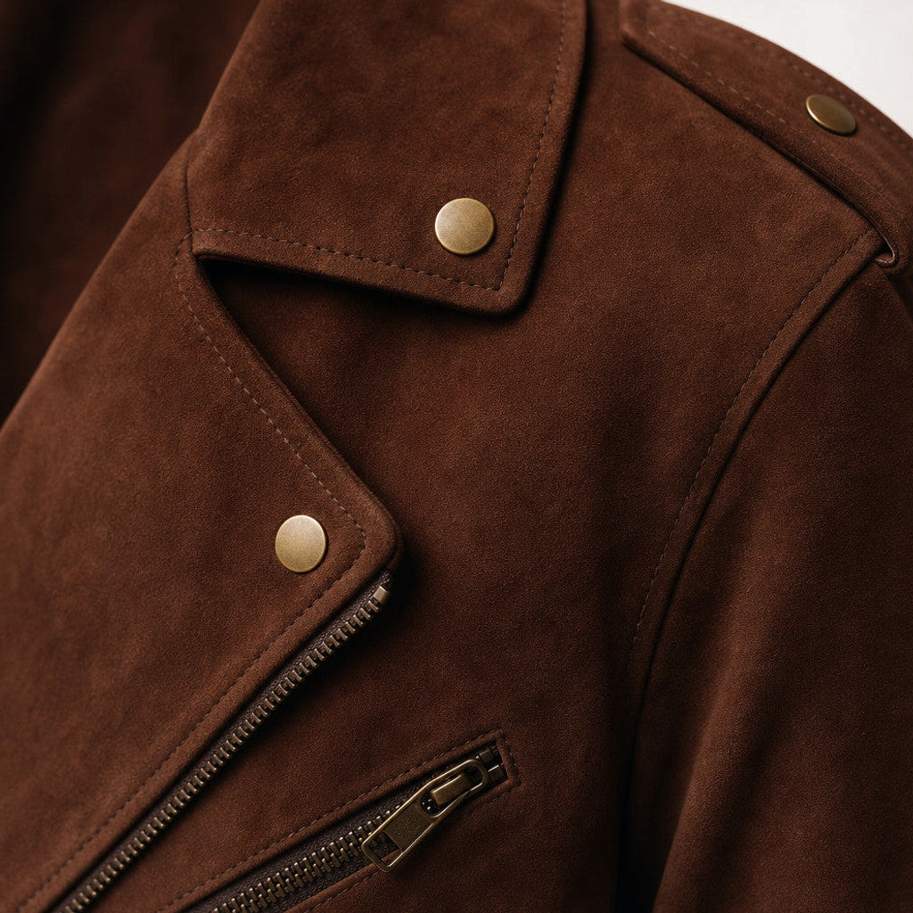 Lofton | Suede Biker Jacket Belted Waist Brown
