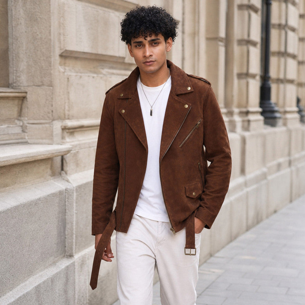 Lofton | Suede Biker Jacket Belted Waist Brown
