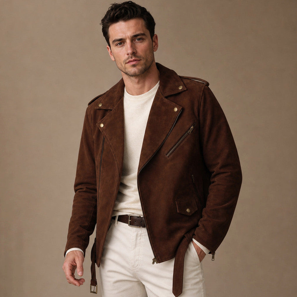 Man wearing brown suede biker jacket with dark denim