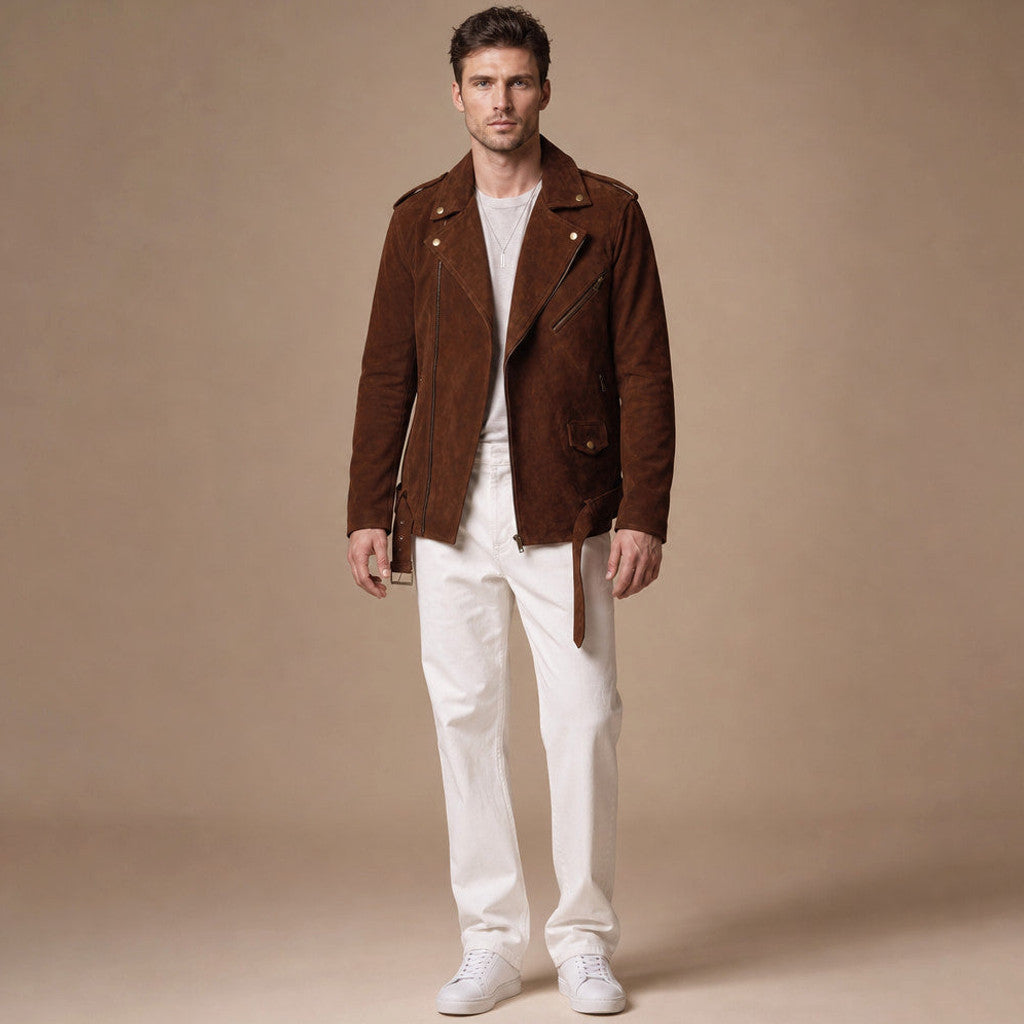 Lofton | Suede Biker Jacket Belted Waist Brown