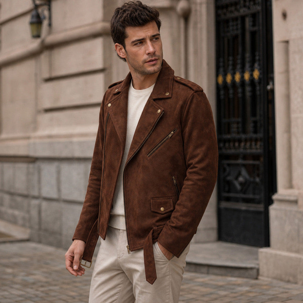 Lofton | Suede Biker Jacket Belted Waist Brown