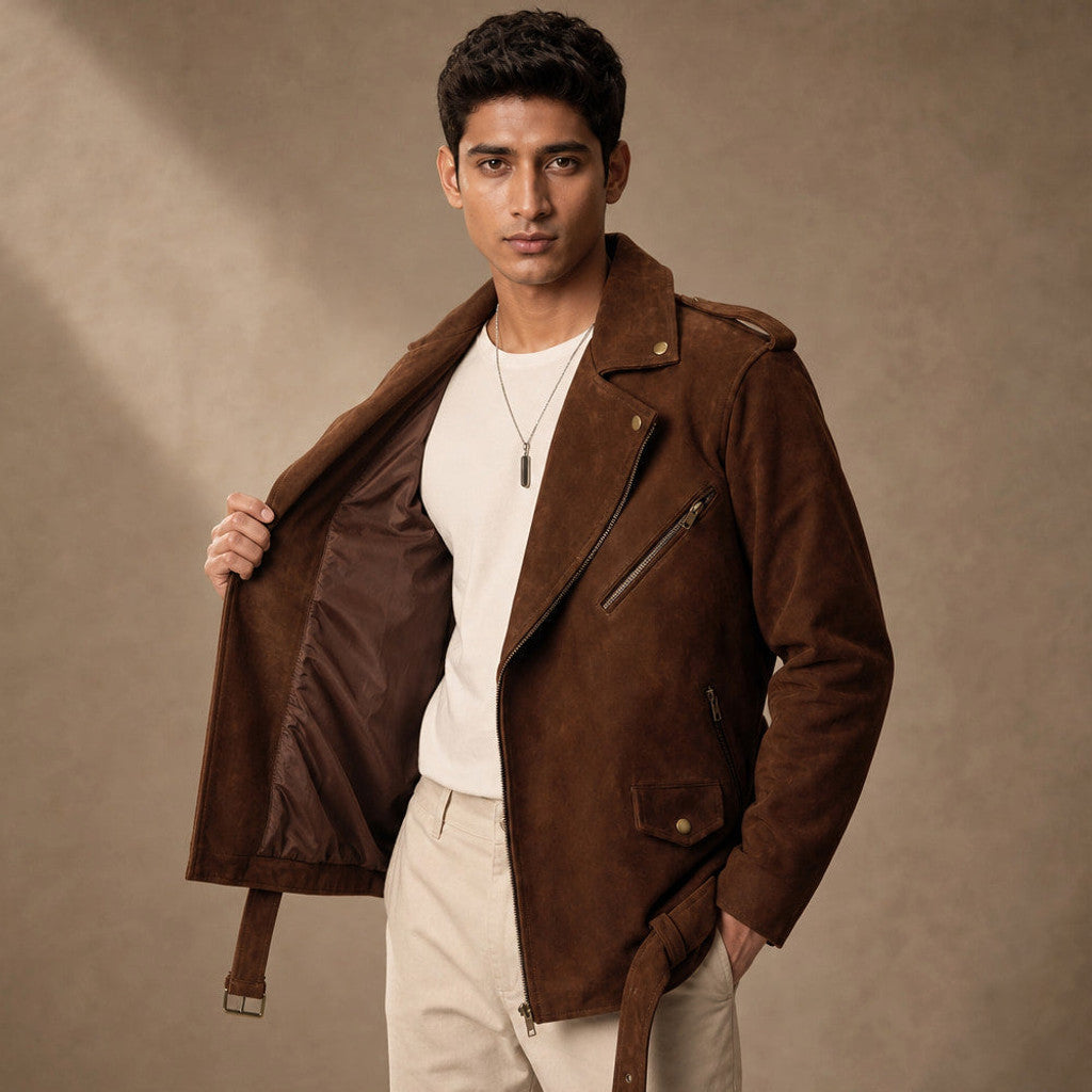 Lofton | Suede Biker Jacket Belted Waist Brown
