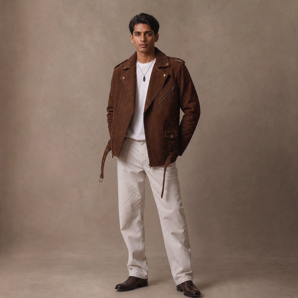 Lofton | Suede Biker Jacket Belted Waist Brown