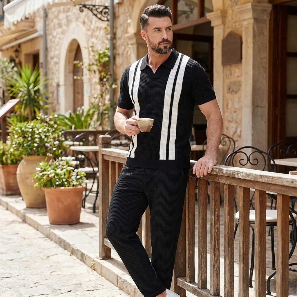 Vestren | Matching Set Striped Knit Polo Waffle Drawstring Pant