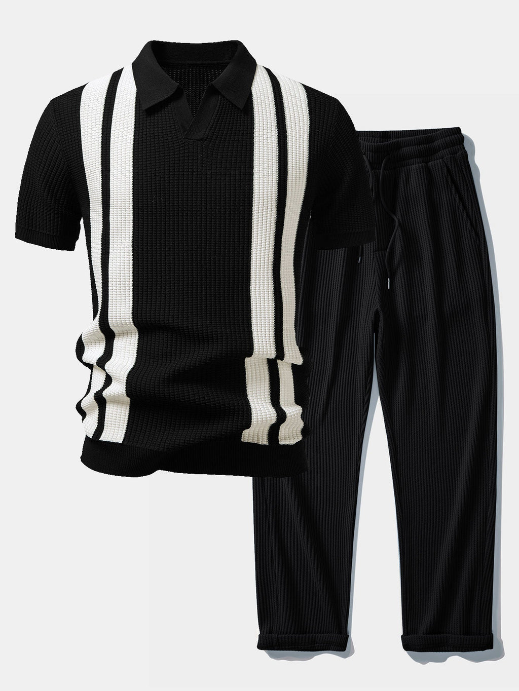 Vestren | Matching Set Striped Knit Polo Waffle Drawstring Pant