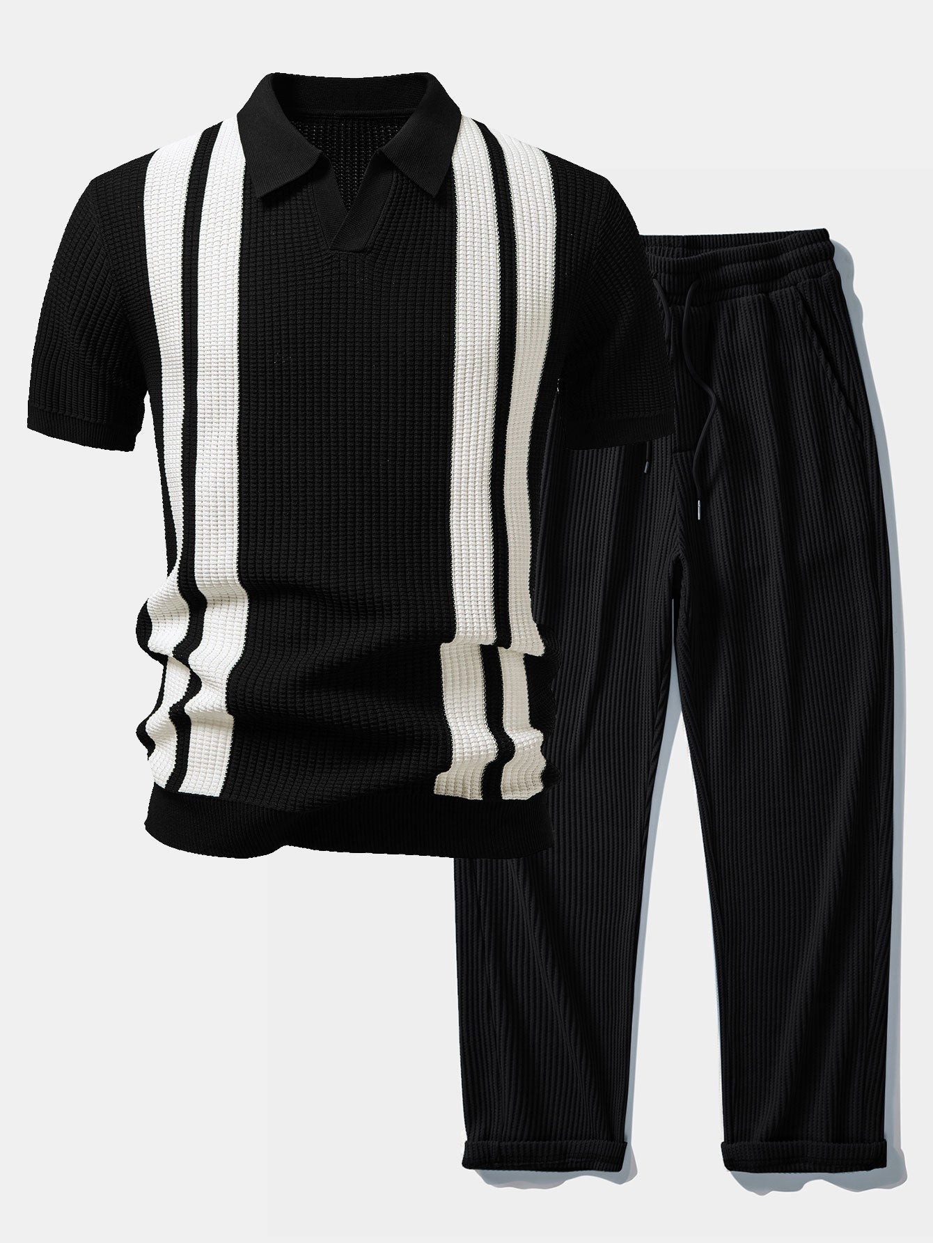 Vestren | Matching Set Striped Knit Polo Waffle Drawstring Pant