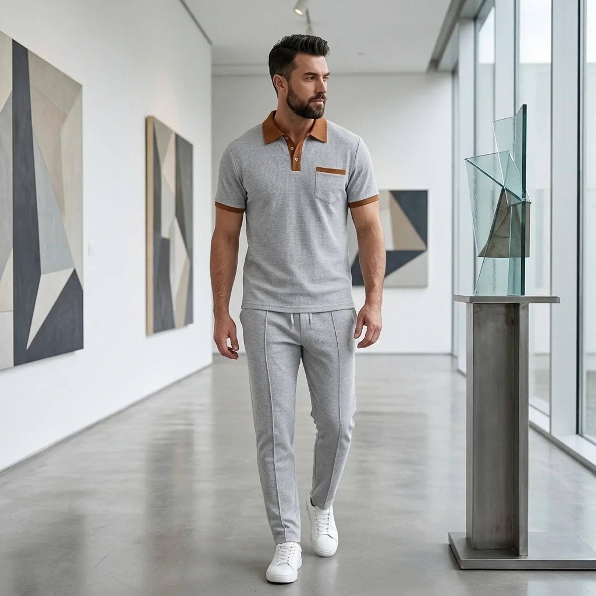Falcren | Matching Set Waffle Knit Polo Straight-Leg Trousers