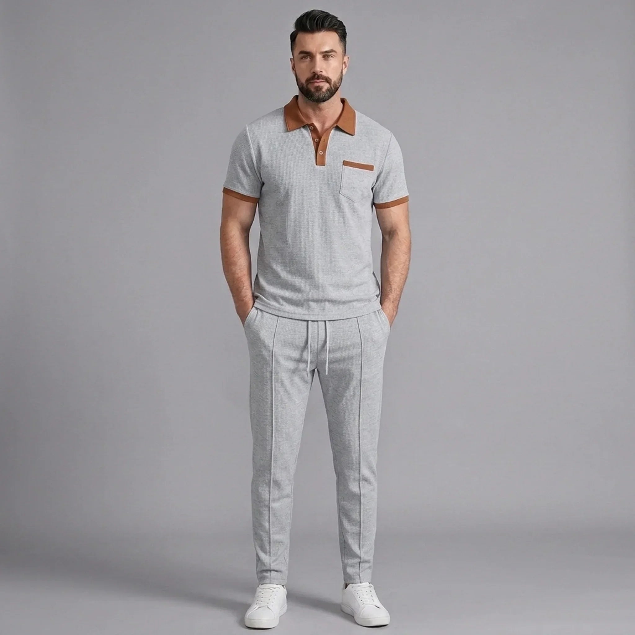 Falcren | Matching Set Waffle Knit Polo Straight-Leg Trousers