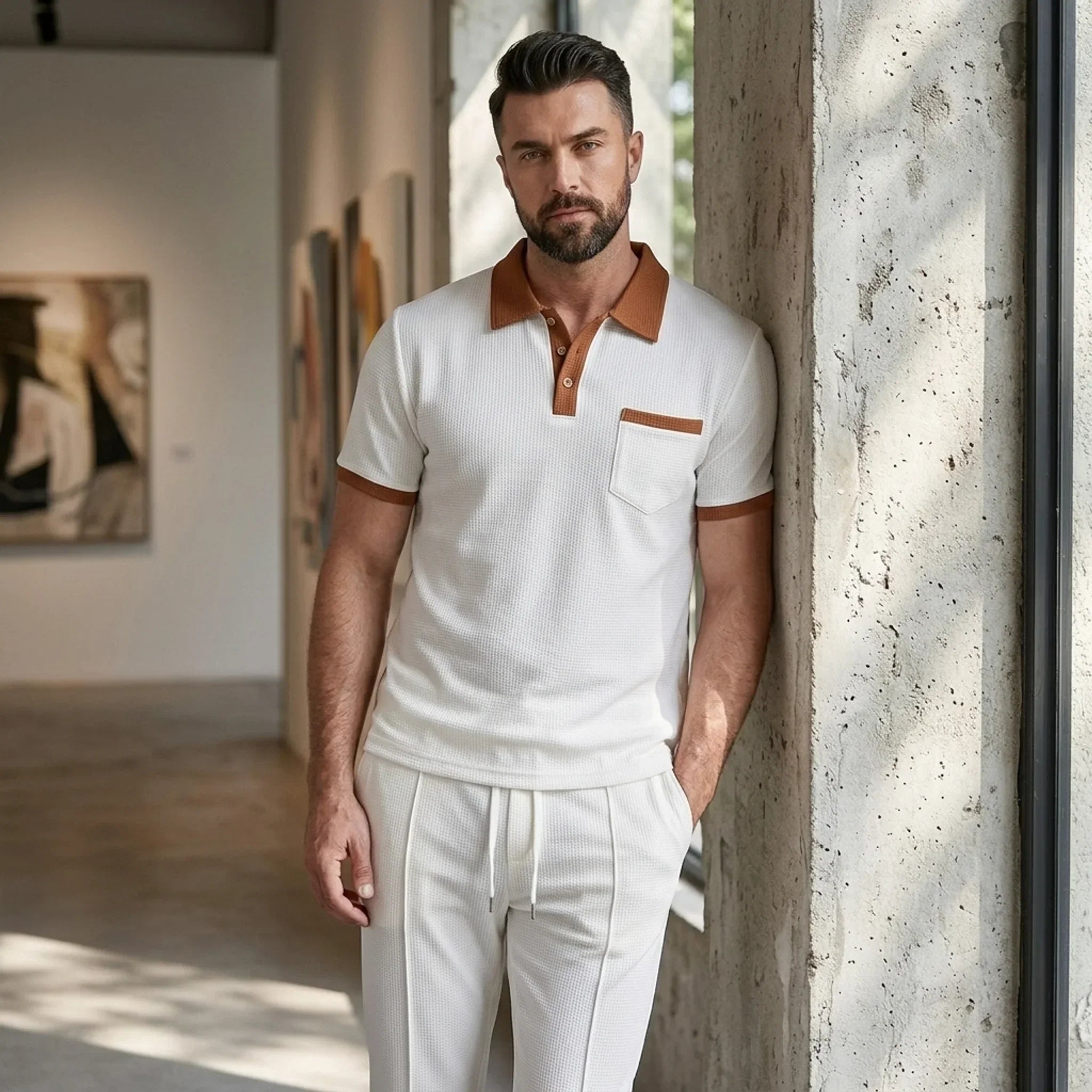 Falcren | Matching Set Waffle Knit Polo Straight-Leg Trousers