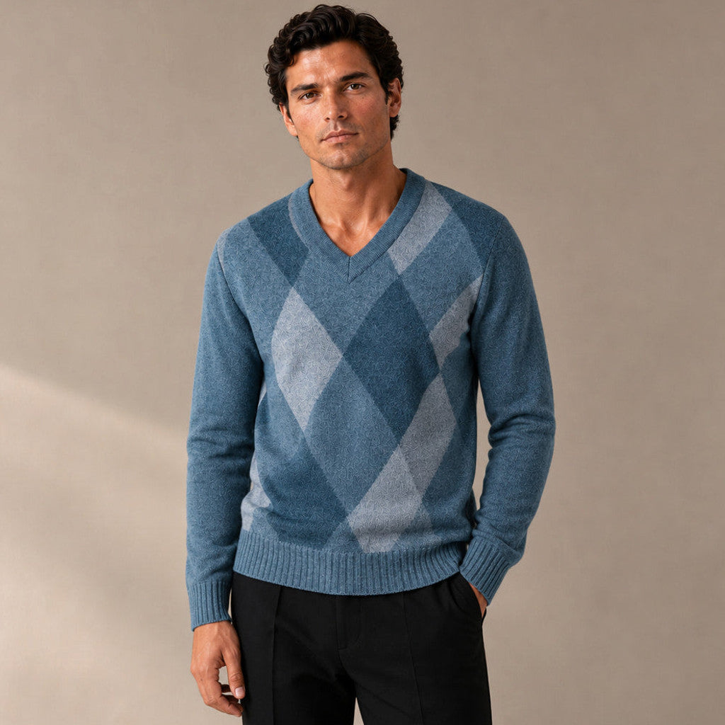 Blue plaid knit V-neck jumper shown flat