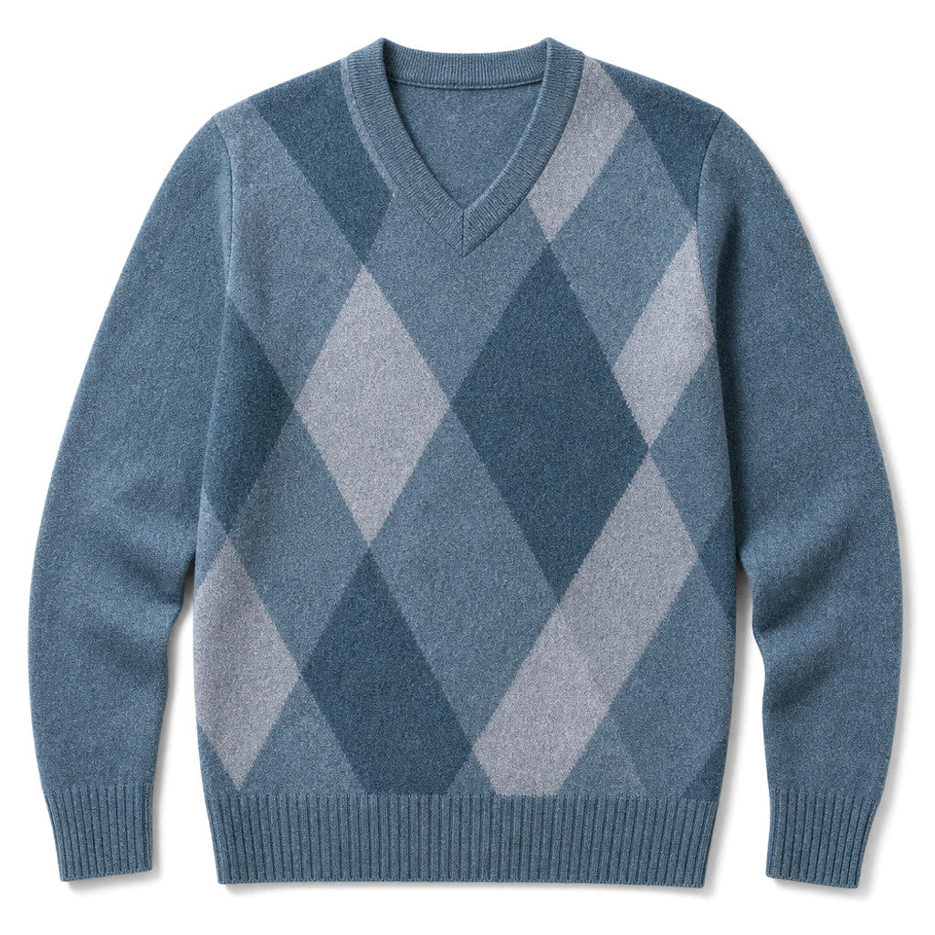 Man wearing blue plaid V-neck jumper over a shirt