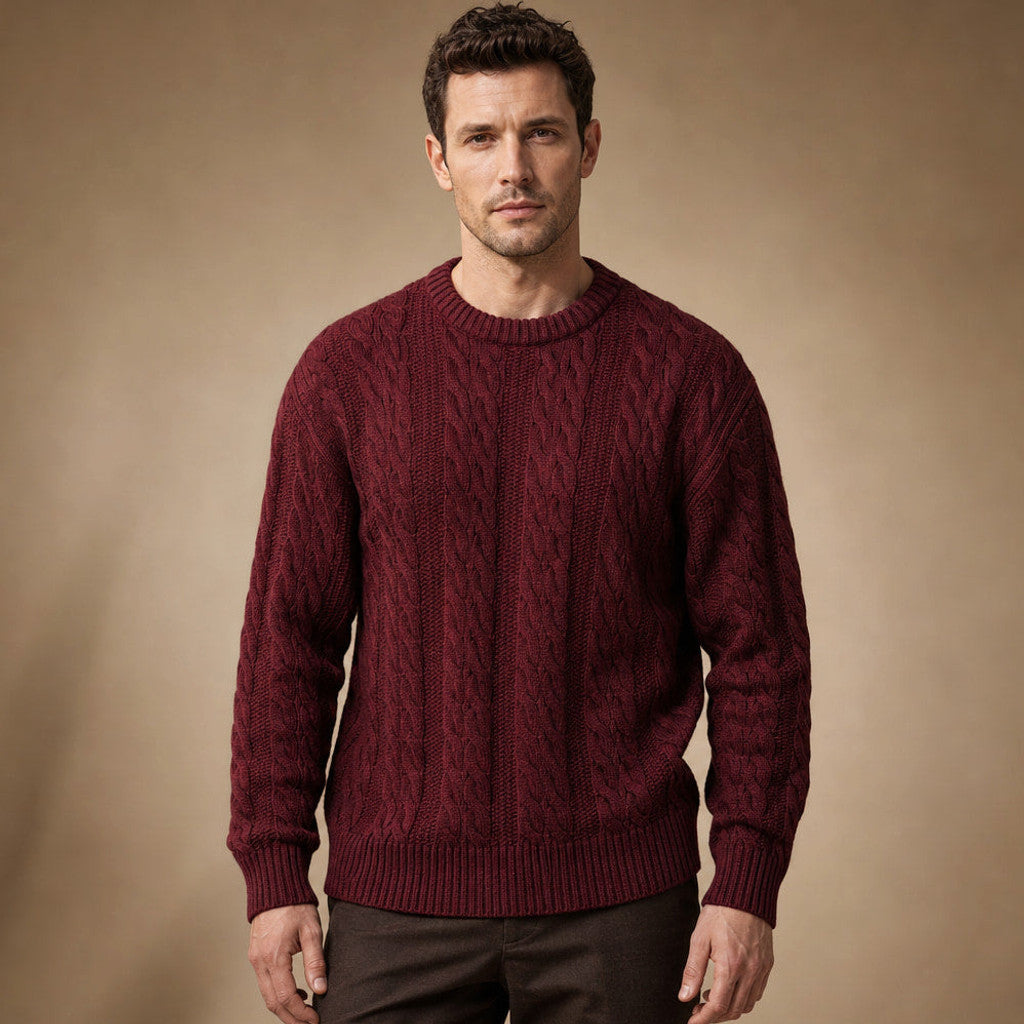 Maroon heavy-gauge cable knit jumper with ribbed crew neck