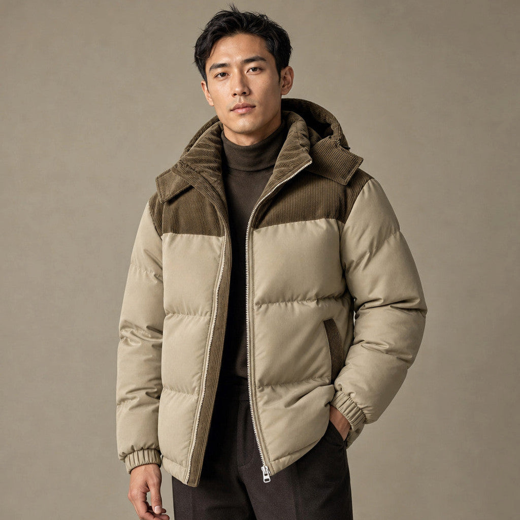 Khaki longline hooded puffer coat shown front on
