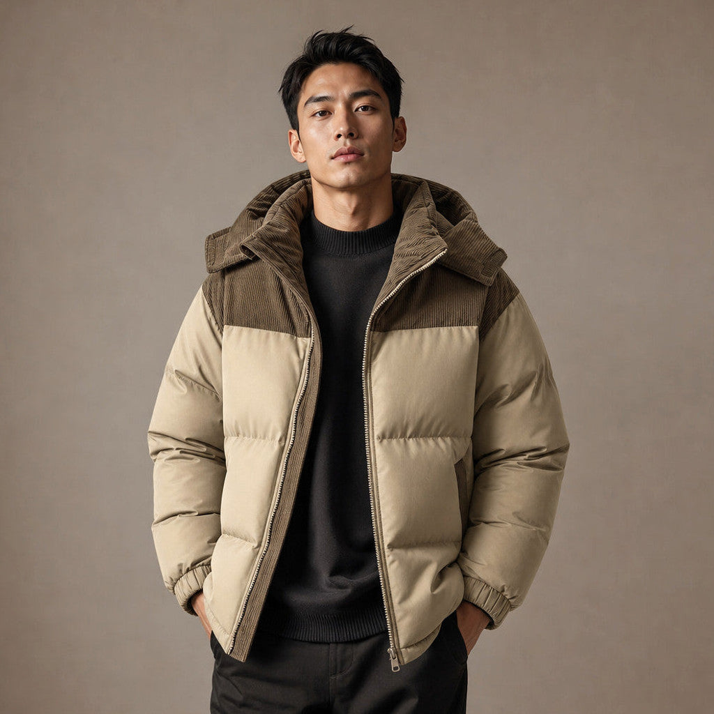 Man wearing khaki mid-thigh hooded puffer coat with dark denim