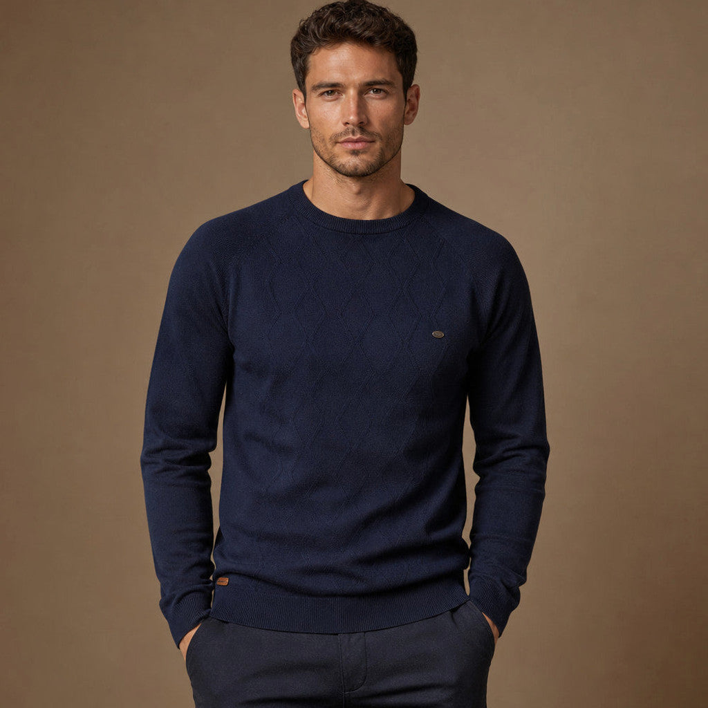 Navy blue mid-weight knit pullover with ribbed collar and cuffs