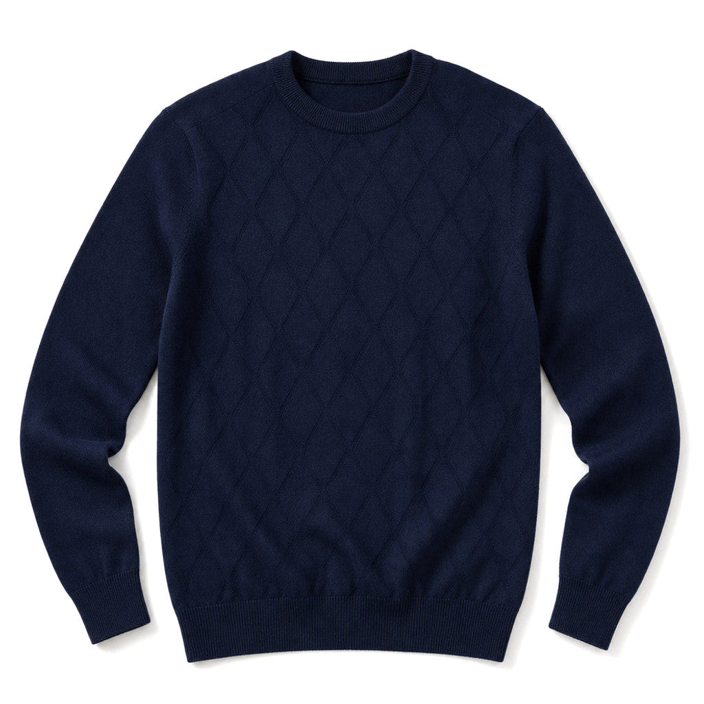 Man wearing navy blue relaxed-fit knit pullover over a collared shirt