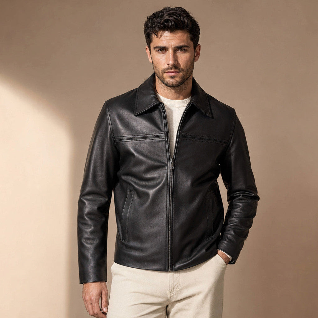 Black sheepskin leather biker jacket with shirt collar and full-length zip