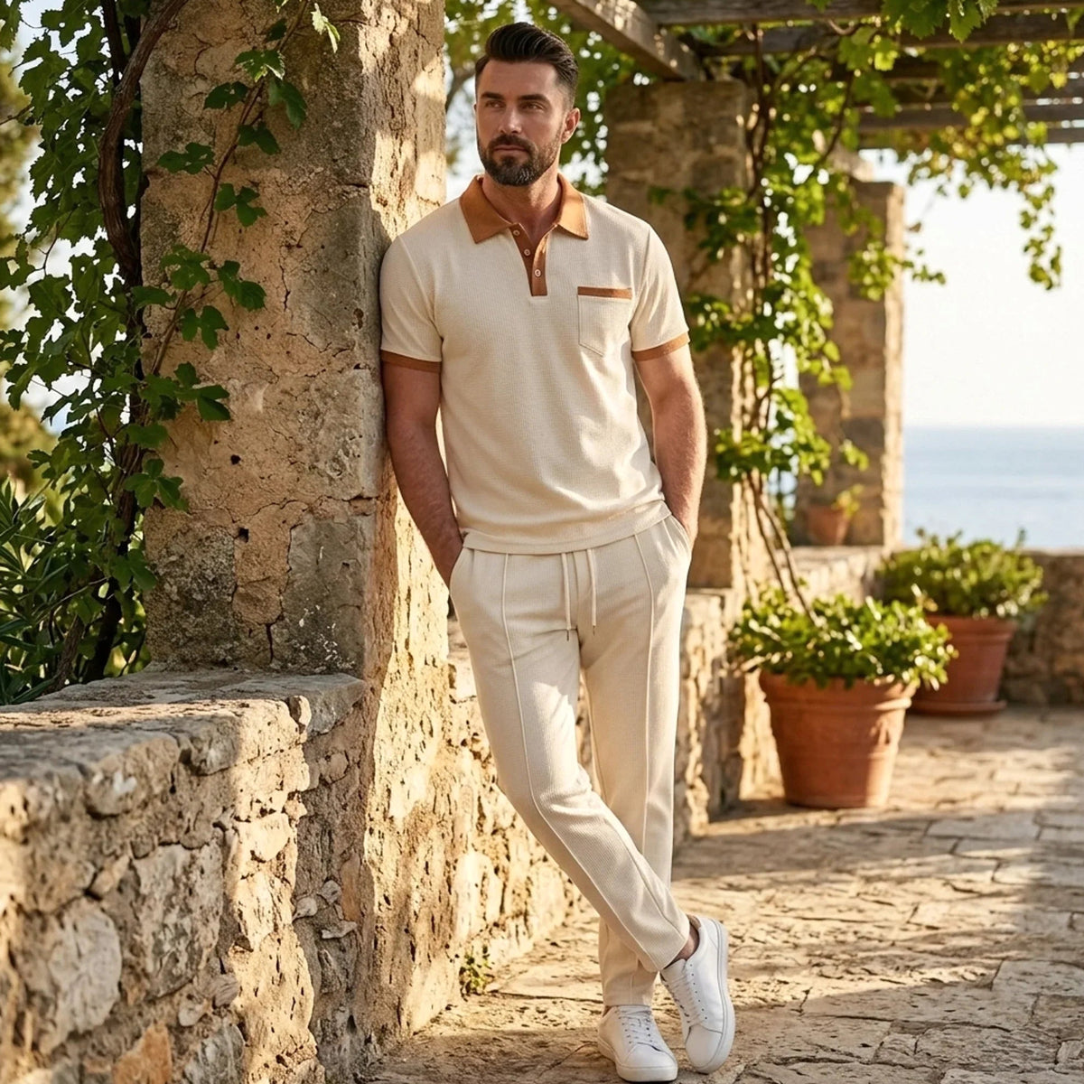 Falcren | Matching Set Waffle Knit Polo Straight-Leg Trousers