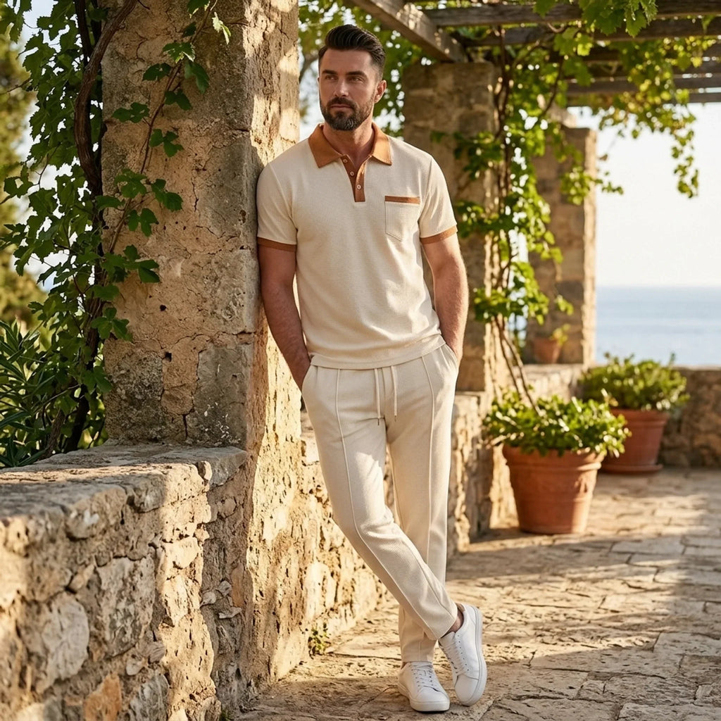 Falcren | Matching Set Waffle Knit Polo Straight-Leg Trousers