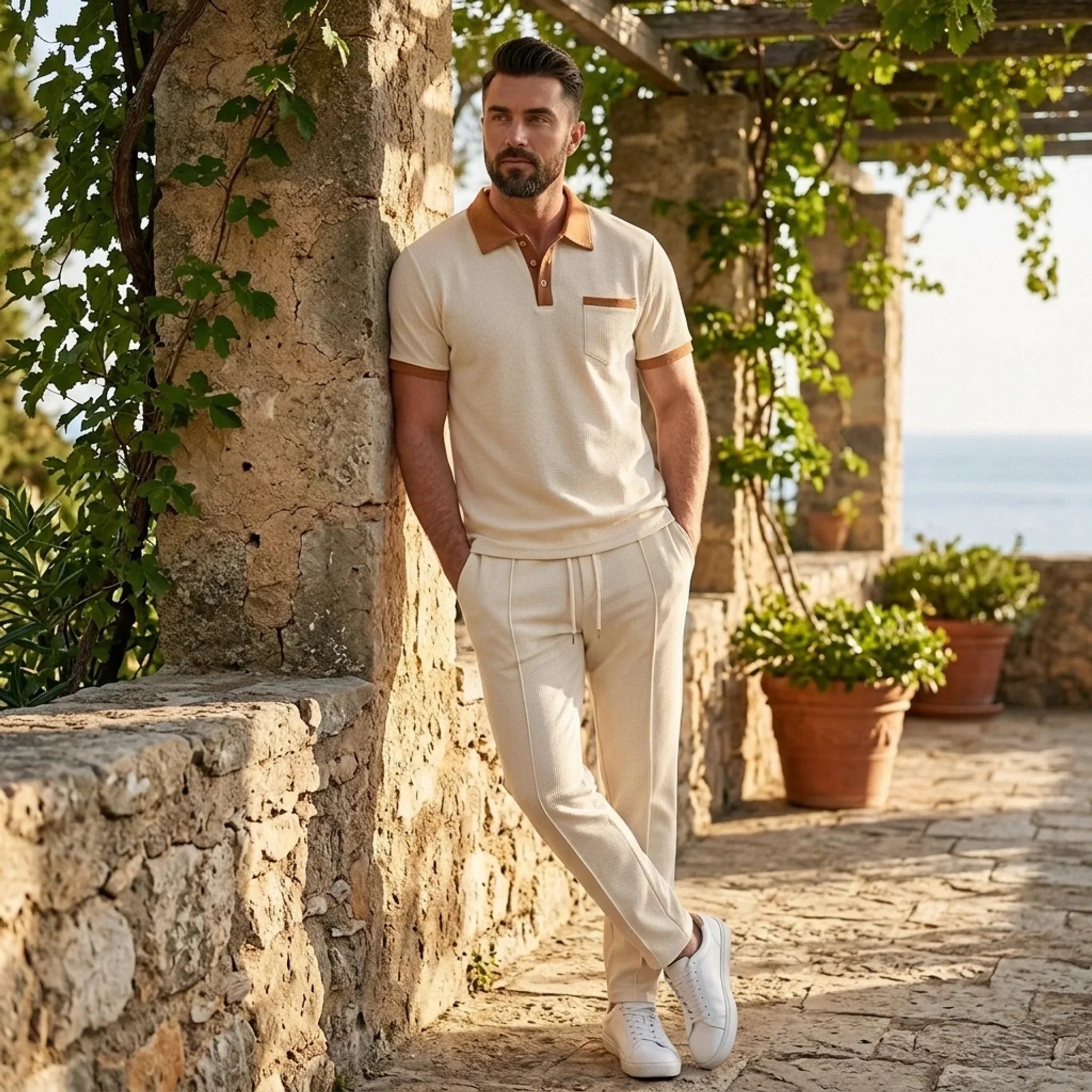 Falcren | Matching Set Waffle Knit Polo Straight-Leg Trousers