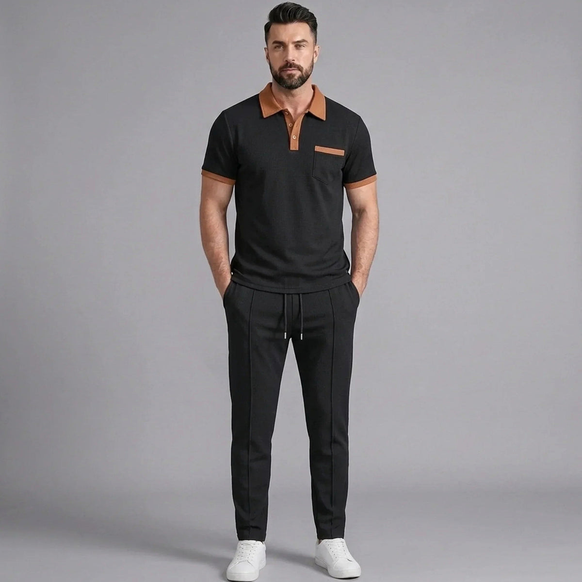 Falcren | Matching Set Waffle Knit Polo Straight-Leg Trousers