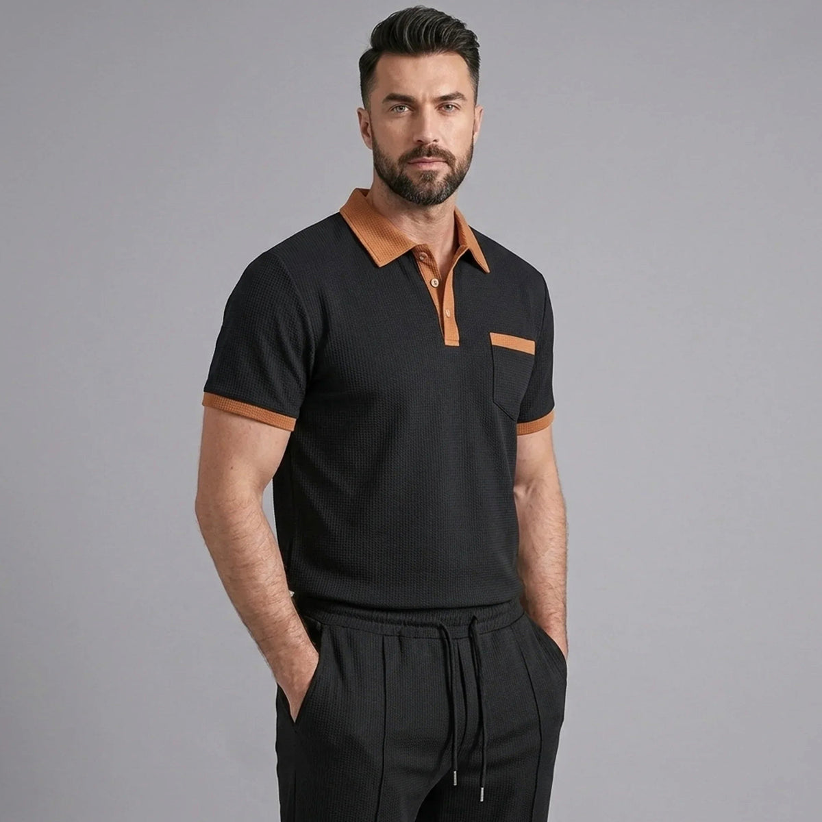 Falcren | Matching Set Waffle Knit Polo Straight-Leg Trousers