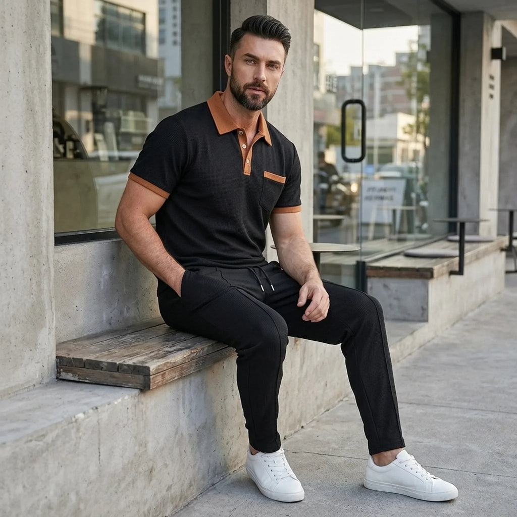 Falcren | Matching Set Waffle Knit Polo Straight-Leg Trousers