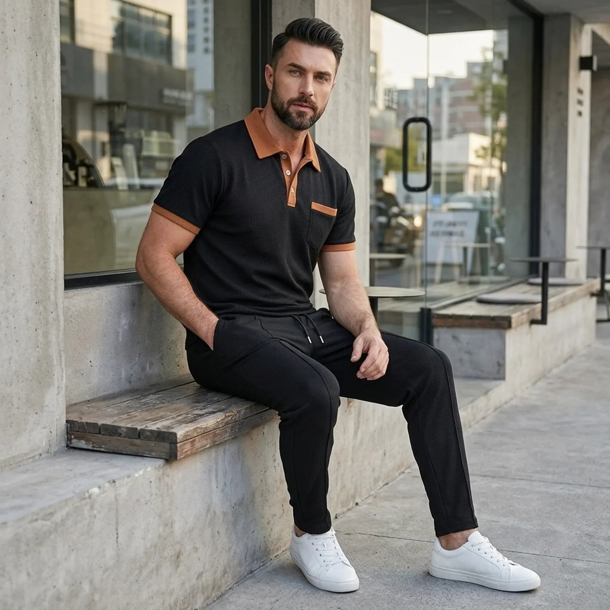 Falcren | Matching Set Waffle Knit Polo Straight-Leg Trousers