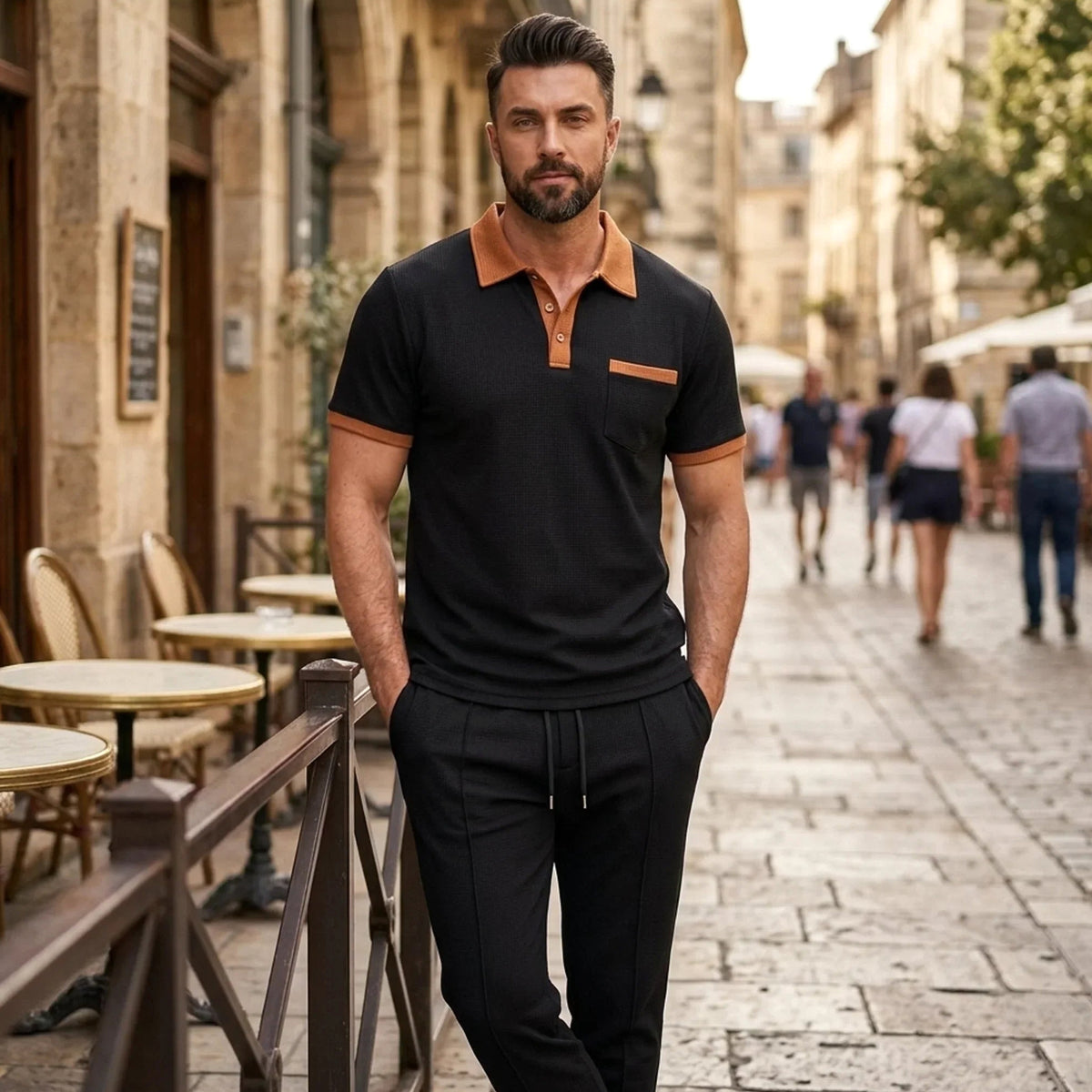 Falcren | Matching Set Waffle Knit Polo Straight-Leg Trousers