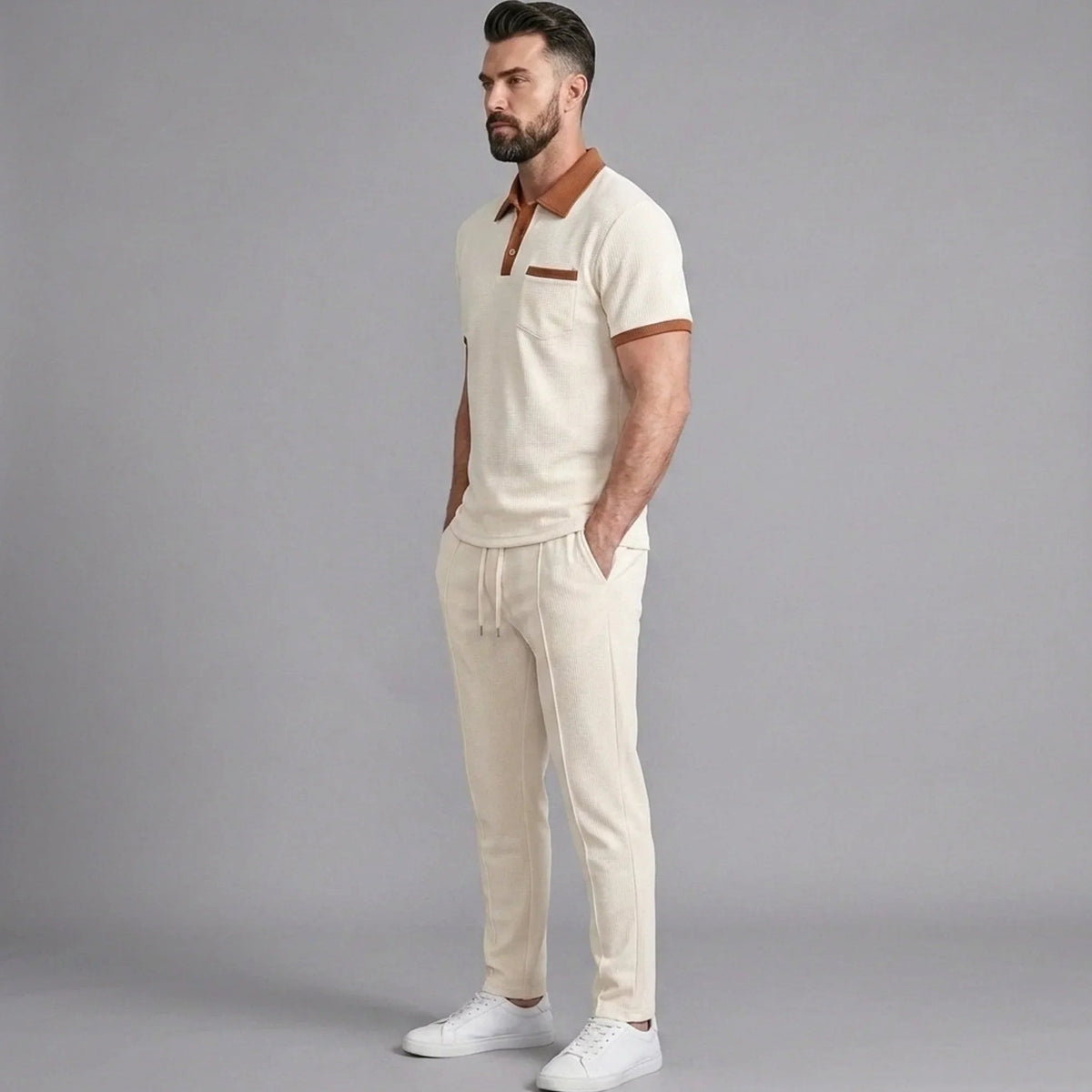 Falcren | Matching Set Waffle Knit Polo Straight-Leg Trousers