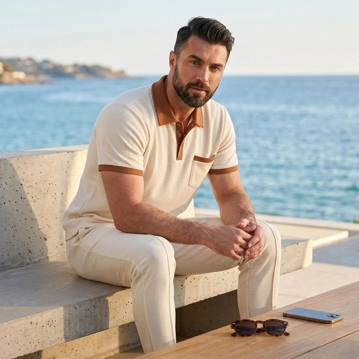 Falcren | Matching Set Waffle Knit Polo Straight-Leg Trousers