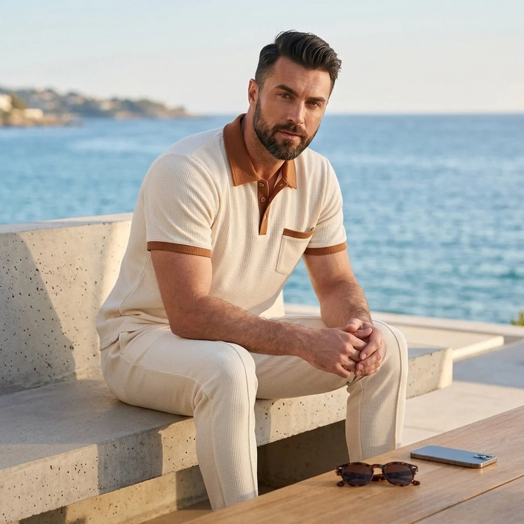 Falcren | Matching Set Waffle Knit Polo Straight-Leg Trousers