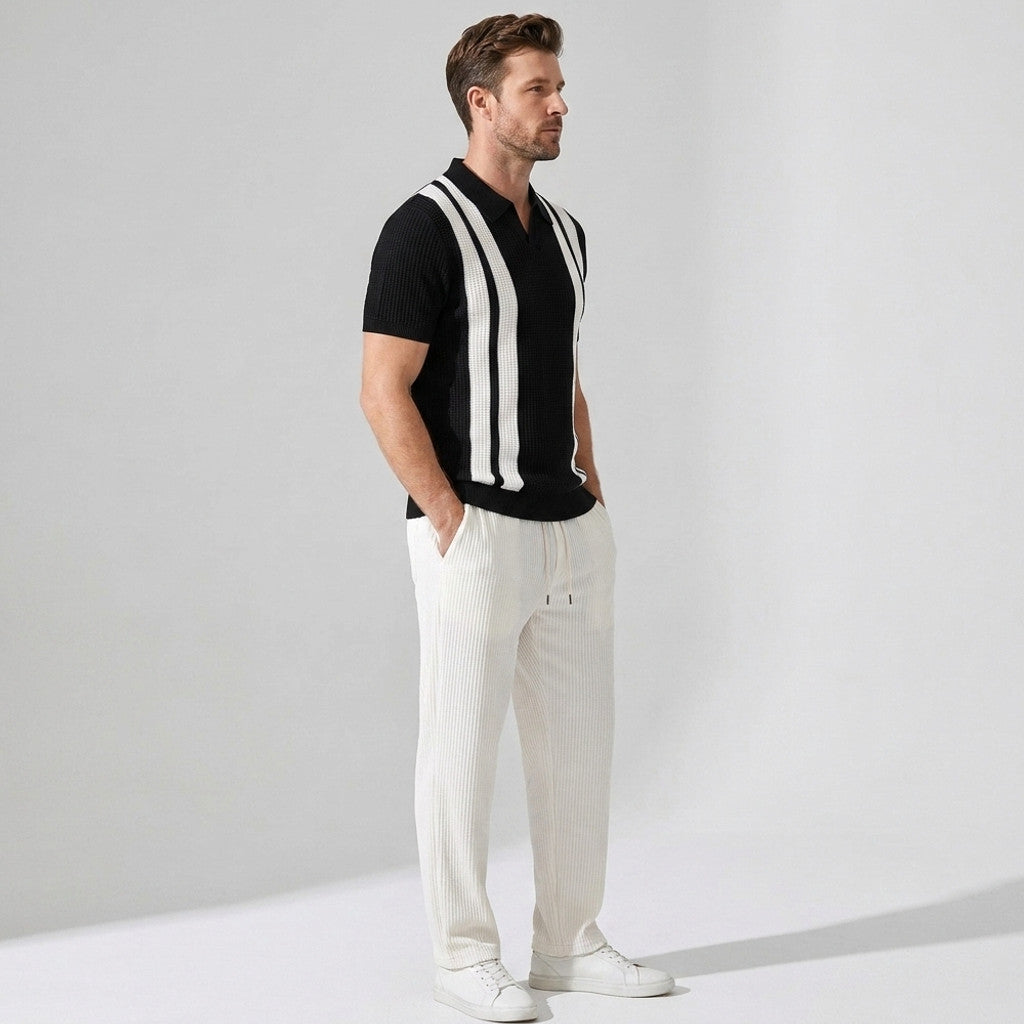 Vestren | Matching Set Striped Knit Polo Waffle Drawstring Pant