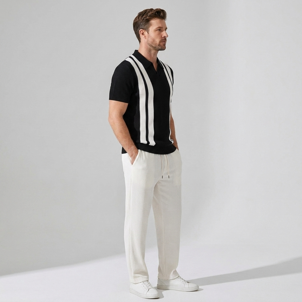 Vestren | Matching Set Striped Knit Polo Waffle Drawstring Pant