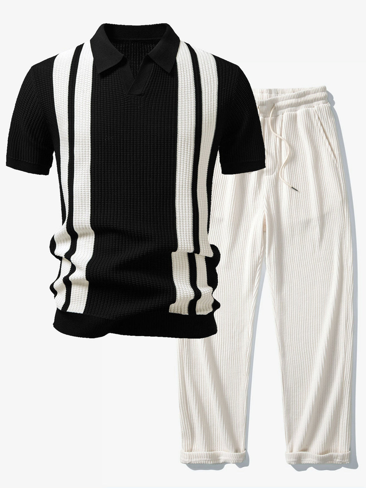Vestren | Matching Set Striped Knit Polo Waffle Drawstring Pant