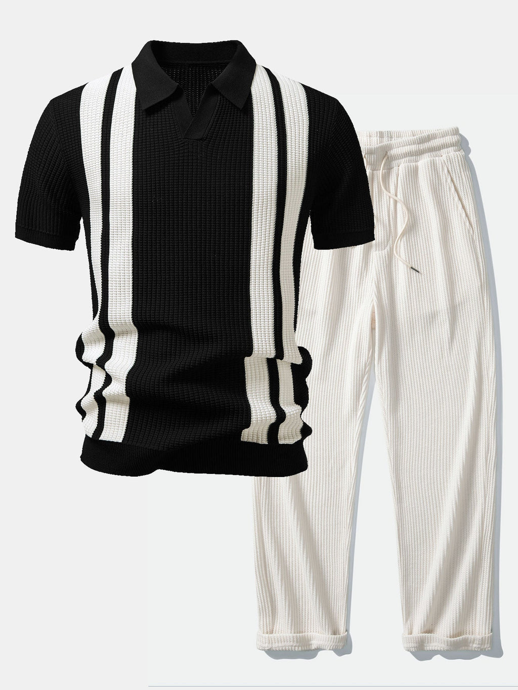 Vestren | Matching Set Striped Knit Polo Waffle Drawstring Pant