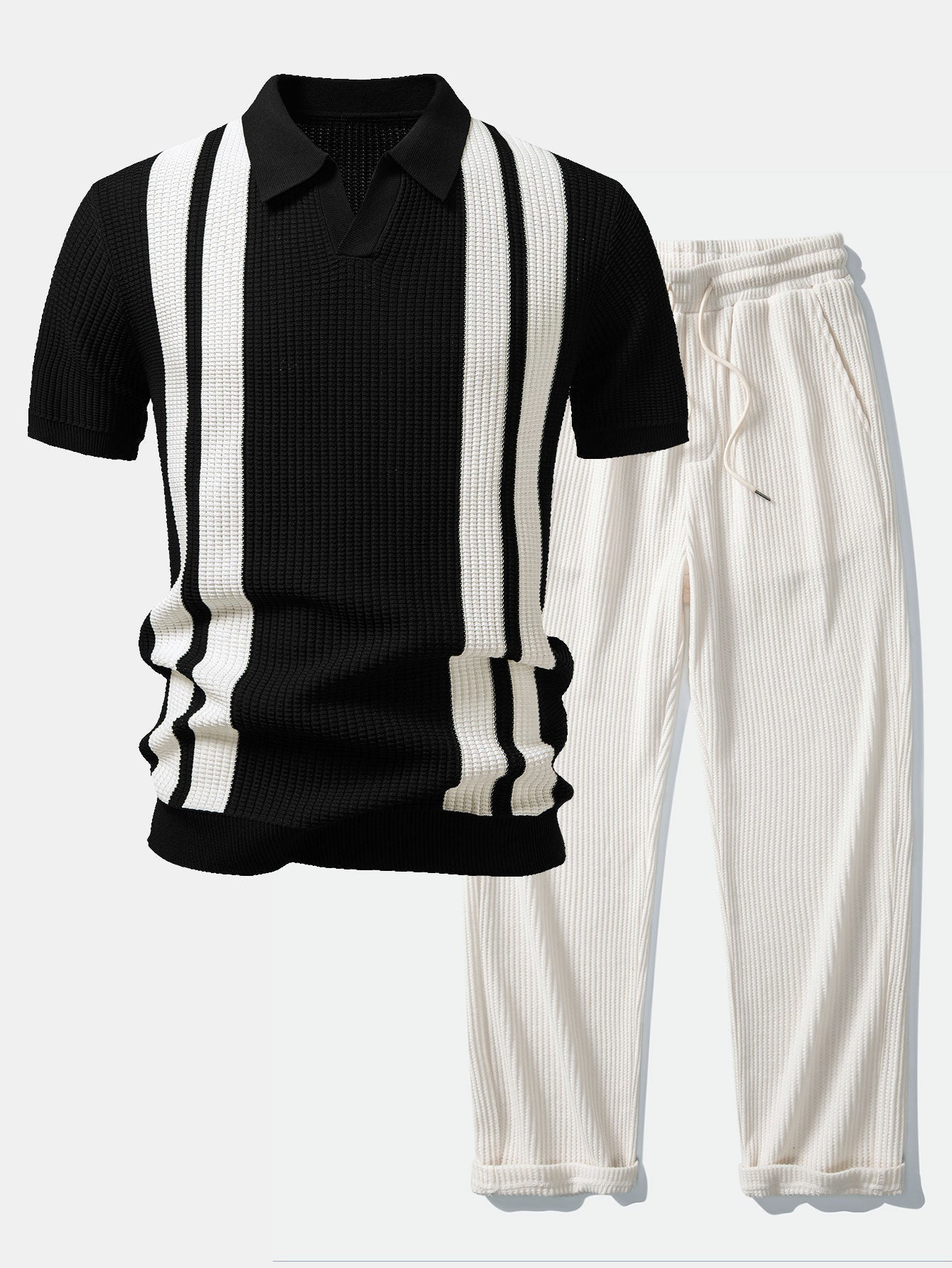 Vestren | Matching Set Striped Knit Polo Waffle Drawstring Pant