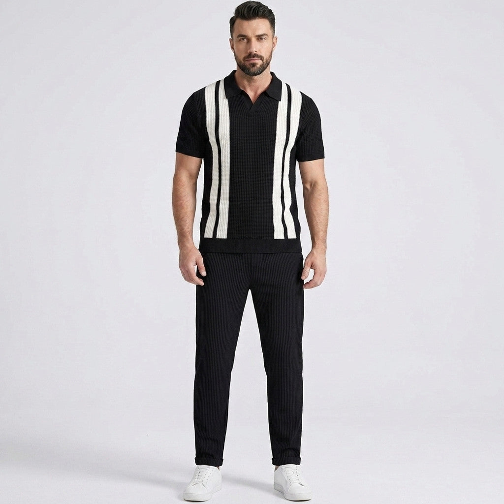 Vestren | Matching Set Striped Knit Polo Waffle Drawstring Pant