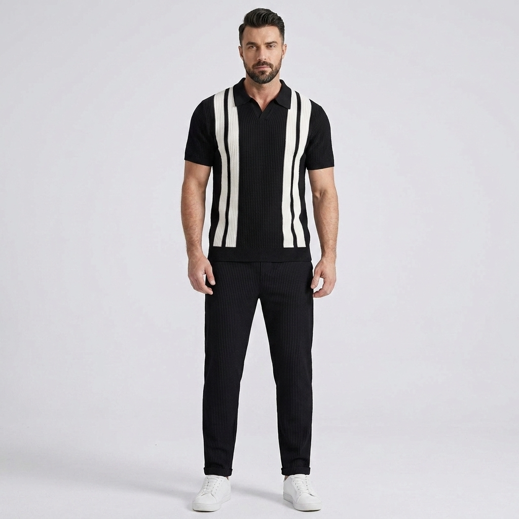 Vestren | Matching Set Striped Knit Polo Waffle Drawstring Pant
