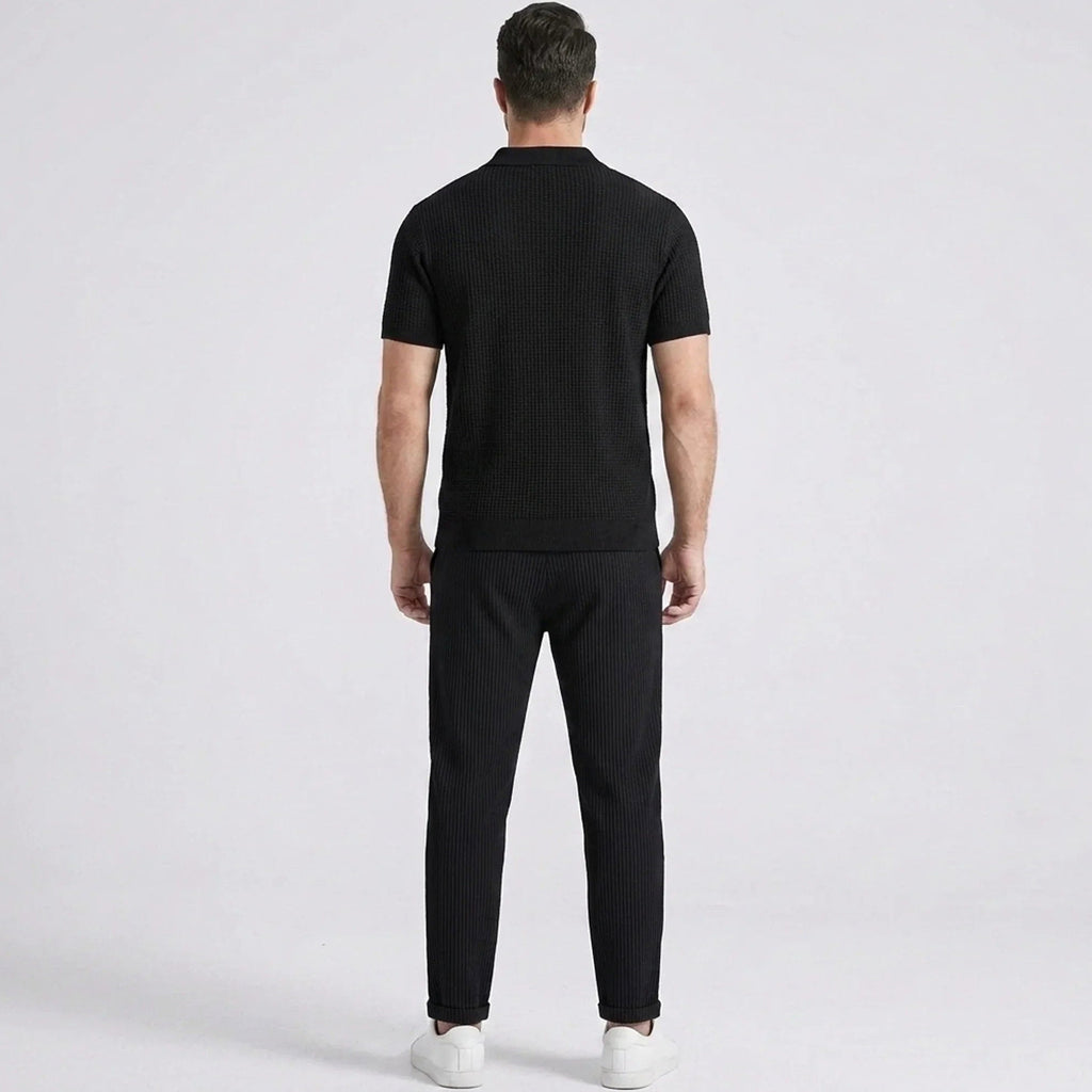 Vestren | Matching Set Striped Knit Polo Waffle Drawstring Pant