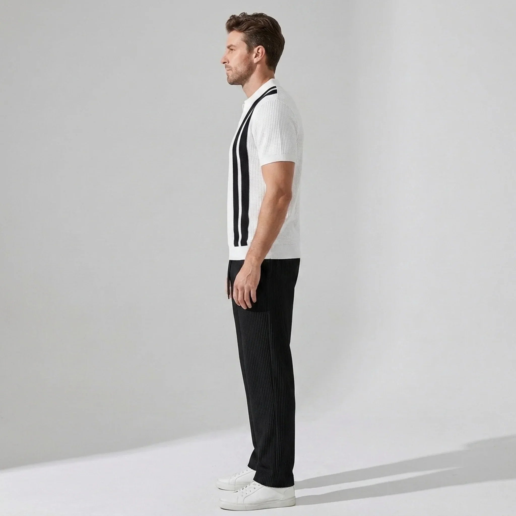 Vestren | Matching Set Striped Knit Polo Waffle Drawstring Pant