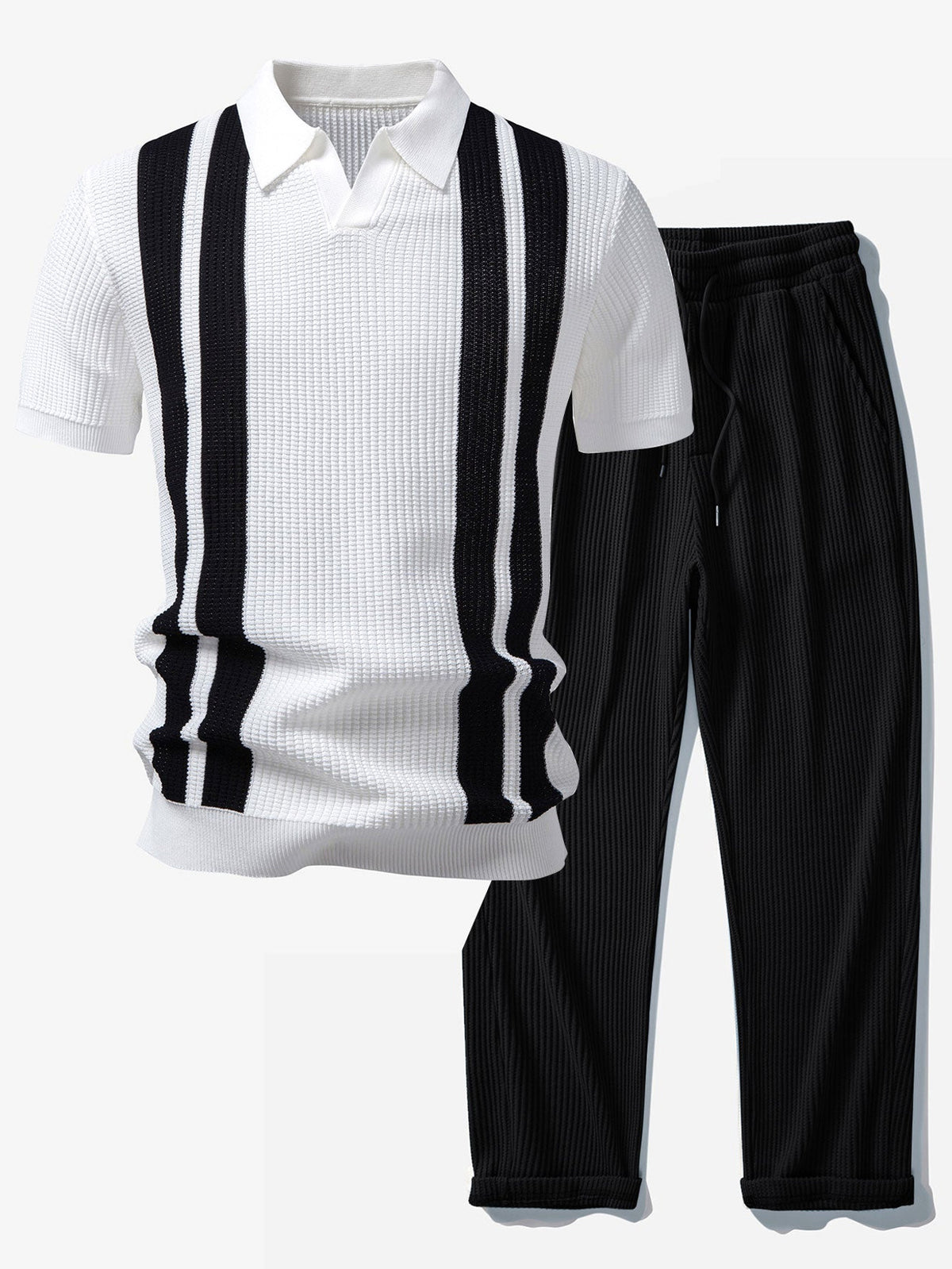 Vestren | Matching Set Striped Knit Polo Waffle Drawstring Pant
