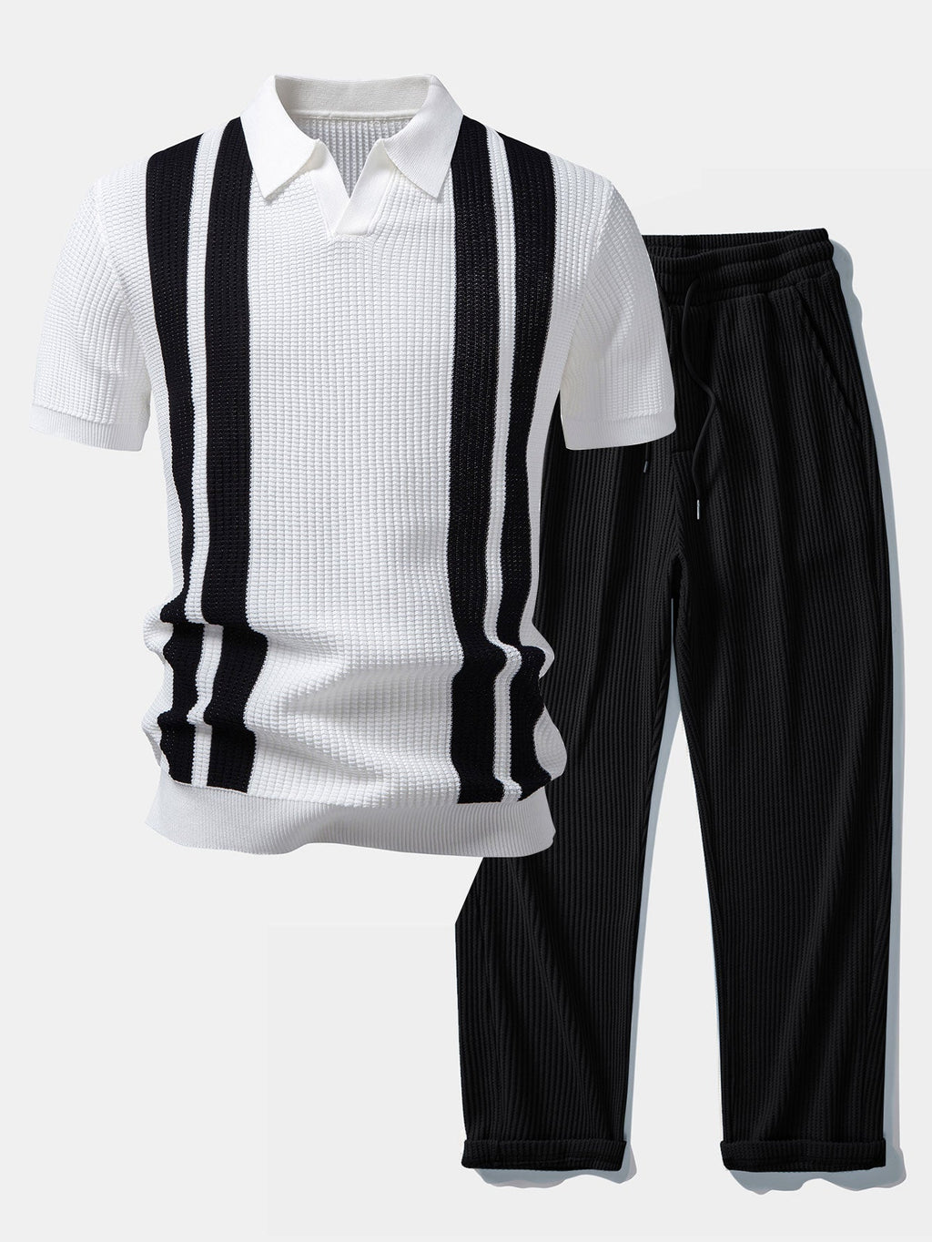 Vestren | Matching Set Striped Knit Polo Waffle Drawstring Pant